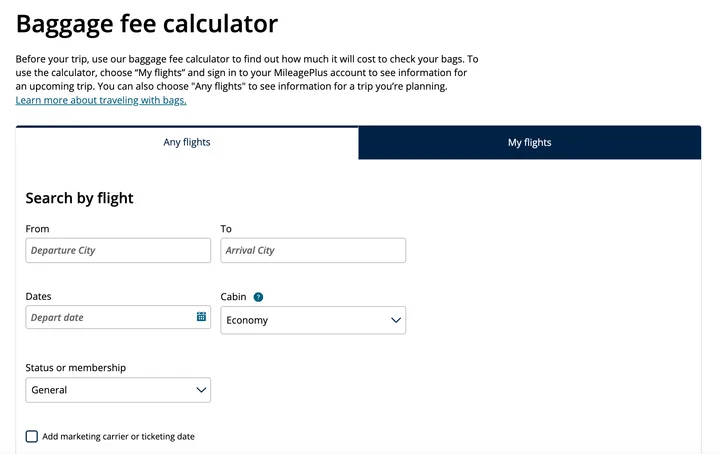 Screenshot of United Airlines baggage fee calculator web tool with flight search fields.