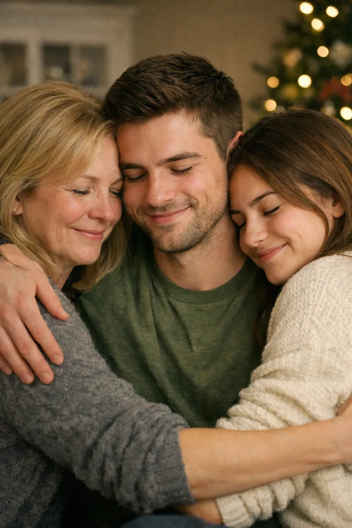 Three family members sharing a warm embrace near a lit Christmas tree, eyes closed, smiling.