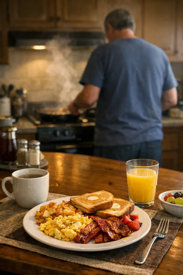 Man cooking breakfast at stove while a full plate of eggs, bacon, and toast sits in foreground.