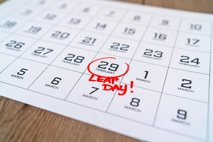 A calendar showing February 29 circled in red with 'Leap Day!' written beneath it.