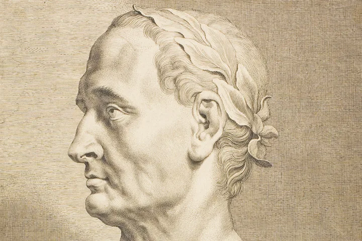 A sepia-toned engraving portrait of a Roman figure in profile, likely Julius Caesar.