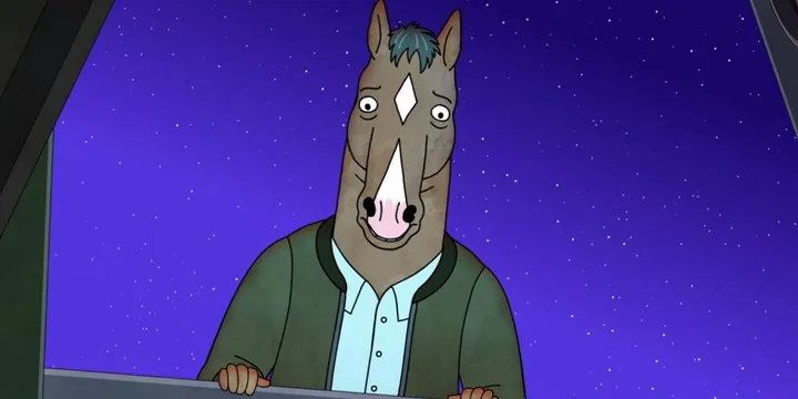 Animated horse character standing against a purple starry night sky in a Netflix animated series.