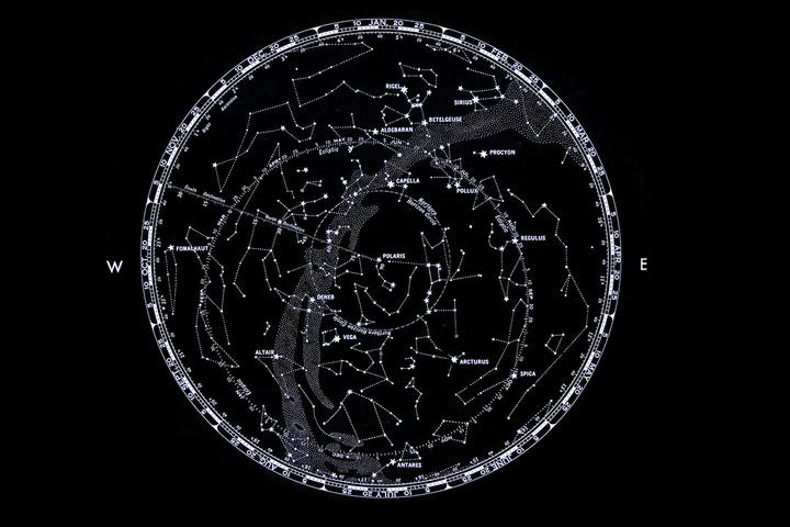 Circular star chart map showing constellations and named stars on a black background.