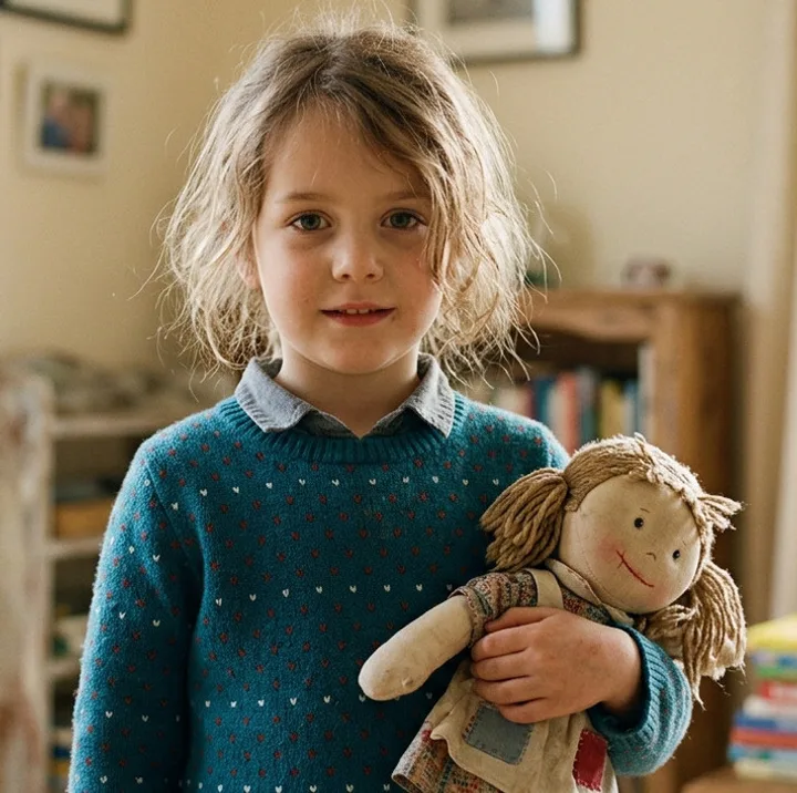 Young child holding a worn fabric doll, standing in a cozy home interior, looking calm.