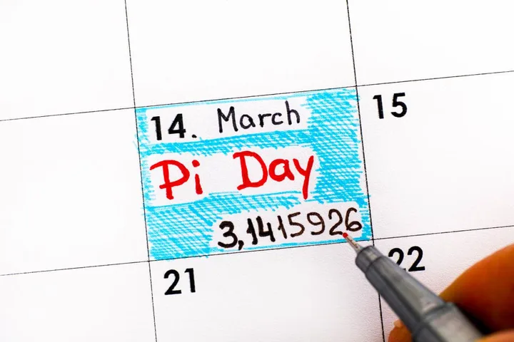 A calendar with March 14 highlighted in blue and 'Pi Day' written in red with pi digits.
