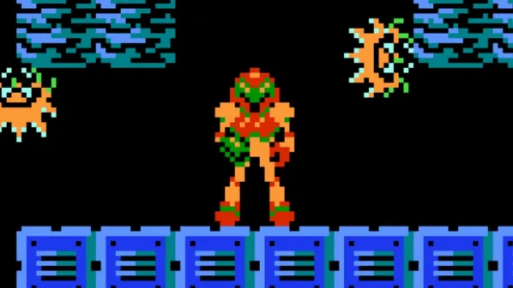 8-bit pixel art screenshot of Metroid NES game showing Samus surrounded by enemies.
