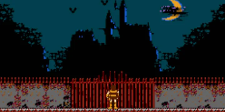 8-bit pixel art NES screenshot of a small character approaching a dark castle gate at night.