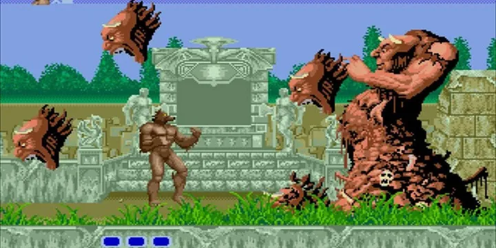 Retro pixel art screenshot showing a werewolf-like character battling large horned monsters in a graveyard.