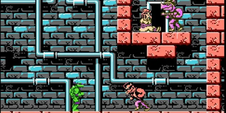 NES pixel art screenshot showing ninja-like characters navigating a dungeon with pipes and brick walls.