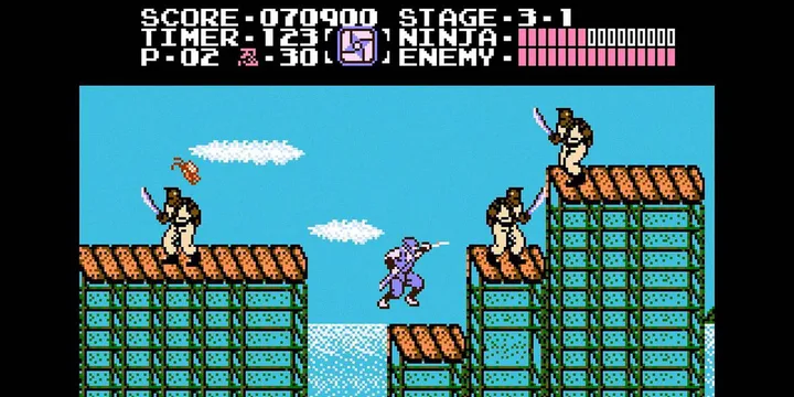 NES arcade-style screenshot of a ninja game showing Stage 3-1 with rooftop combat.