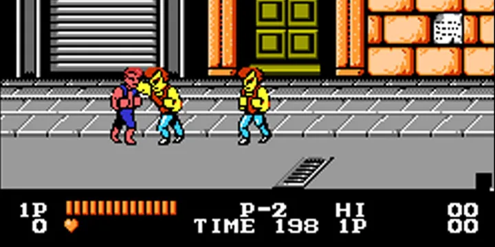 NES pixel art beat-em-up screenshot showing colorful characters fighting on a city street.