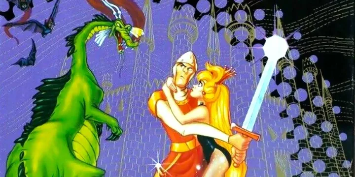 Illustrated fantasy artwork showing a knight embracing a princess with a dragon and castle.