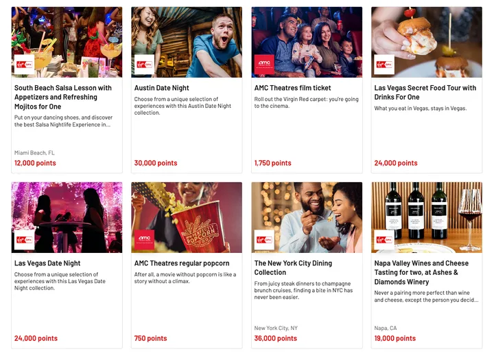 Virgin Red rewards portal showing lifestyle experience listings with point costs.