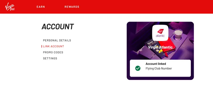 Virgin Red account page showing a linked Virgin Atlantic Flying Club number.