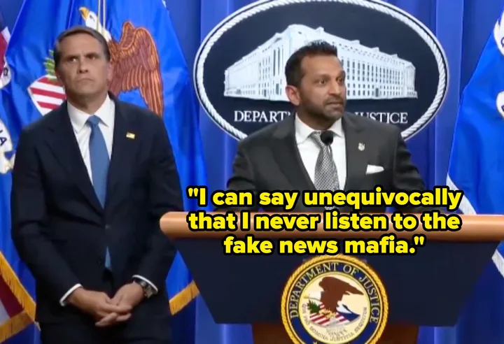 Kash Patel at DOJ podium with quote overlay: 'I can say unequivocally that I never listen to the fake news mafia.'
