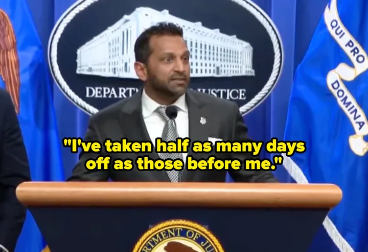 Kash Patel at DOJ podium with quote overlay: 'I've taken half as many days off as those before me.'
