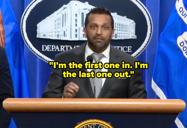 Kash Patel at DOJ podium with quote overlay: 'I'm the first one in. I'm the last one out.'
