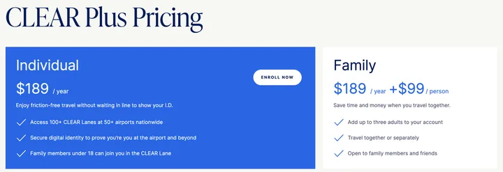 Screenshot of CLEAR Plus pricing page showing individual ($189/year) and family plan options.