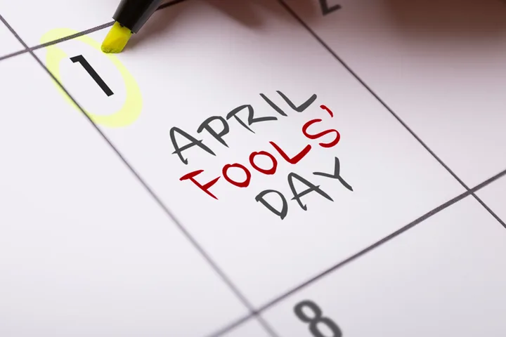 Calendar page with April 1 highlighted and 'April Fools' Day' written in bold letters.