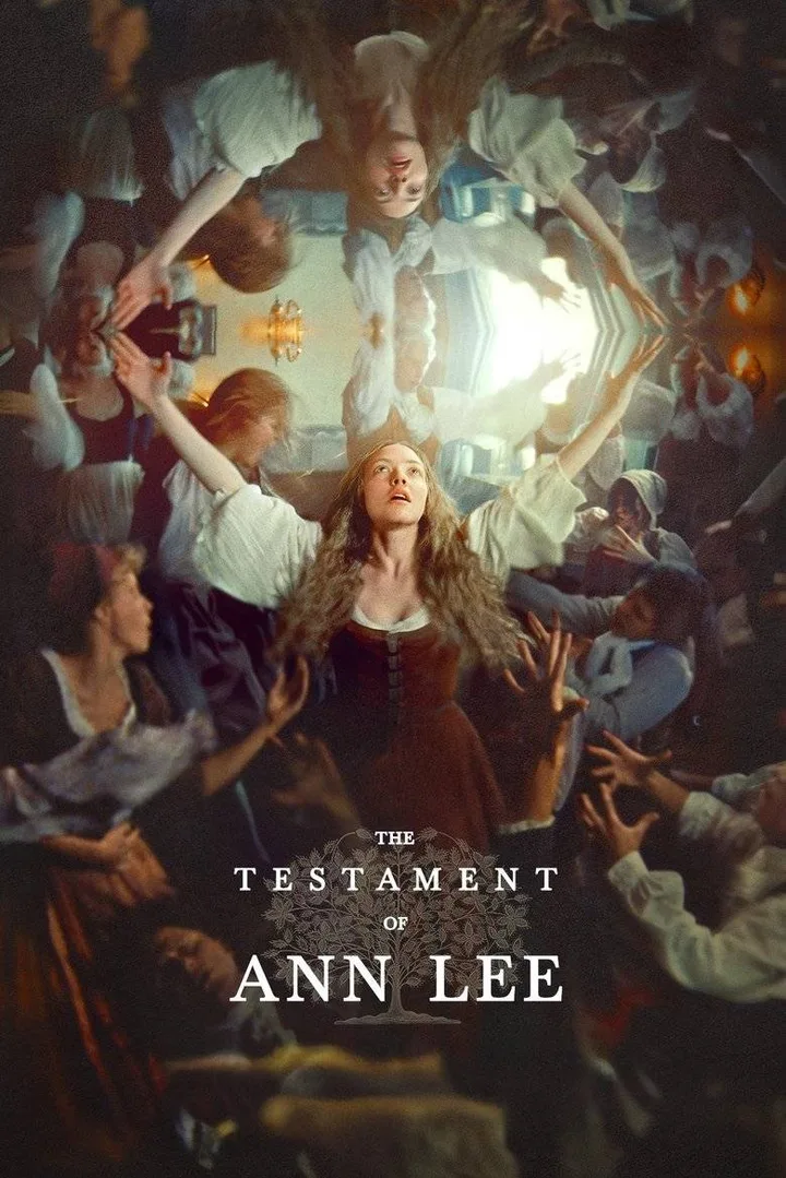 Official movie poster for 'The Testament of Ann Lee' featuring a woman surrounded by reaching hands.