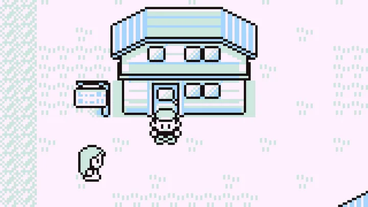 Retro pixel-art Game Boy screenshot showing a town exterior with characters, likely Pokemon.