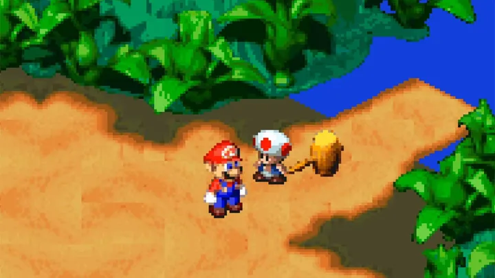 16-bit pixel-art gameplay showing Mario and Toad in a jungle setting, likely Super Mario RPG.