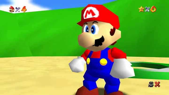 3D rendered Mario character standing on grass in Super Mario 64 gameplay screenshot.
