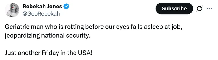 Tweet from Rebekah Jones calling a geriatric man falling asleep at work a national security risk.