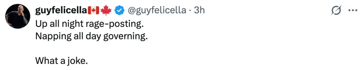 Tweet from guyfelicella joking about Trump rage-posting at night and napping while governing.