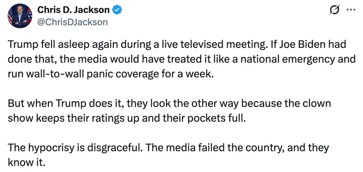 Tweet from Chris D. Jackson contrasting media's reaction to Trump vs Biden falling asleep on camera.