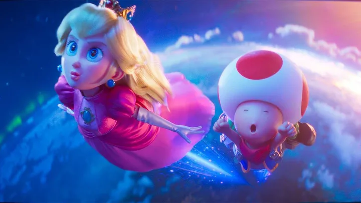 Animated Princess Peach and Toad float through space with Earth visible behind them.