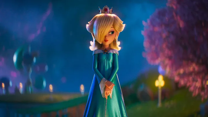 Animated Rosalina in a teal gown stands alone in a glowing, magical nighttime environment.