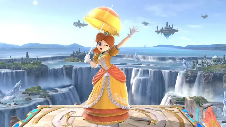 Princess Daisy in her yellow dress poses with a parasol on a Smash Bros. stage.