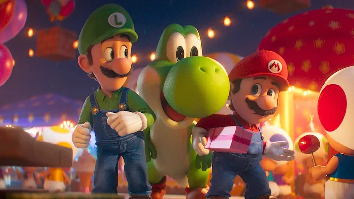 Animated Luigi, Yoshi, Mario, and Toad stand together at a festive nighttime celebration.