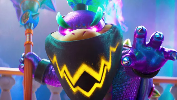 A dark, powered-up Bowser in a purple iridescent form reaches forward with glowing purple eyes.