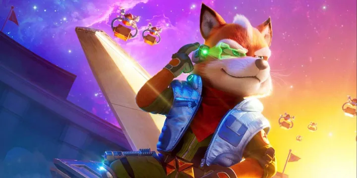 Animated Fox McCloud in pilot gear looks upward confidently against a colorful galaxy backdrop.