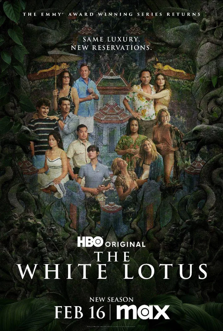 Official HBO White Lotus promotional poster featuring the full ensemble cast in a jungle temple setting.