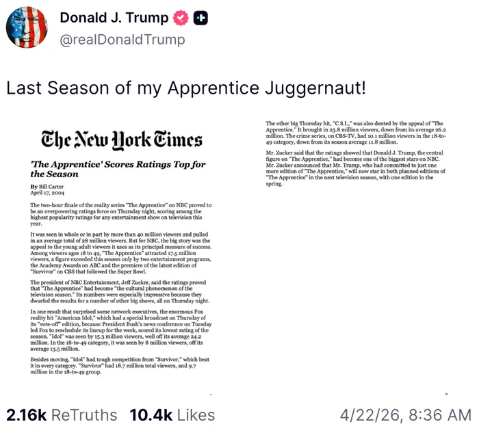 Trump's Truth Social post sharing a 2004 New York Times article praising The Apprentice's ratings.