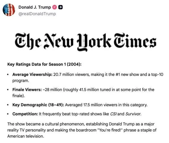 Trump's Truth Social post displaying New York Times ratings data for The Apprentice Season 1 in 2004.