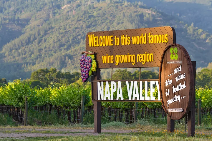 Napa Valley welcome sign in a vineyard with mountains in the background.