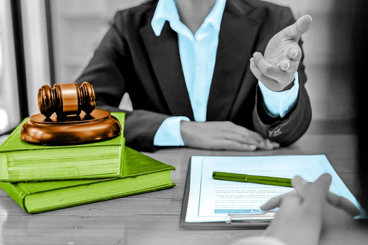 Lawyer at a desk with a gavel, law books, and documents in a professional meeting setting.
