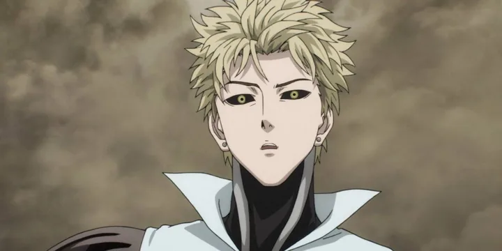 Blonde anime character with yellow-green eyes in a dramatic close-up against a stormy sky, from One Punch Man.