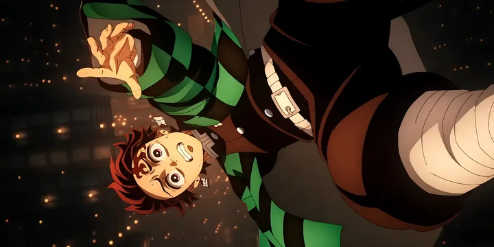 Tanjiro from Demon Slayer falling dramatically in his checkered uniform amid sparks and fire.
