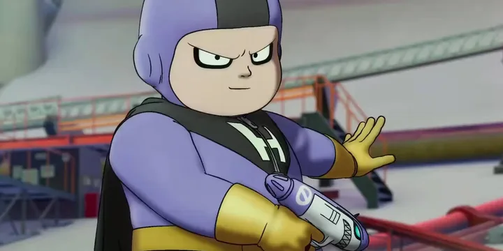 Stocky animated superhero character in purple and gold suit holding a mechanical arm, from Dragon Ball Super.