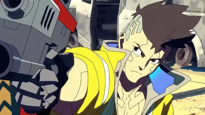 Anime character in yellow jacket wielding a large mechanical weapon with a determined expression.