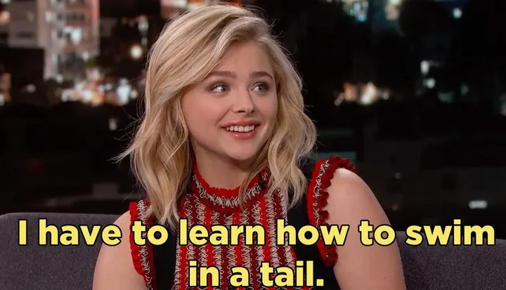 Actress on talk show with caption: 'I have to learn how to swim in a tail.'