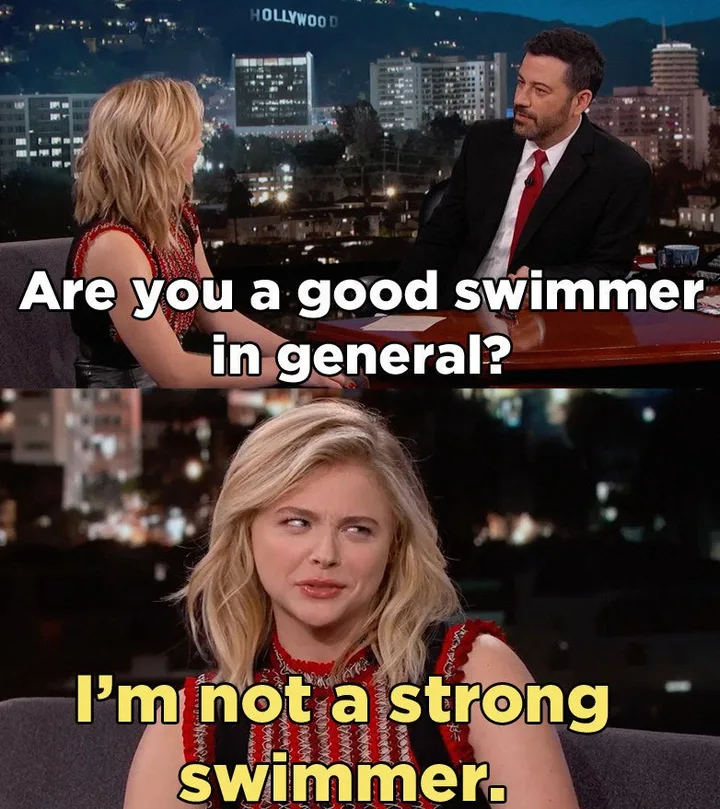 Split-screen of host asking 'Are you a good swimmer in general?' and actress replying 'I'm not a strong swimmer.'