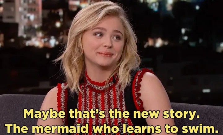 Actress on talk show with caption: 'Maybe that's the new story. The mermaid who learns to swim.'