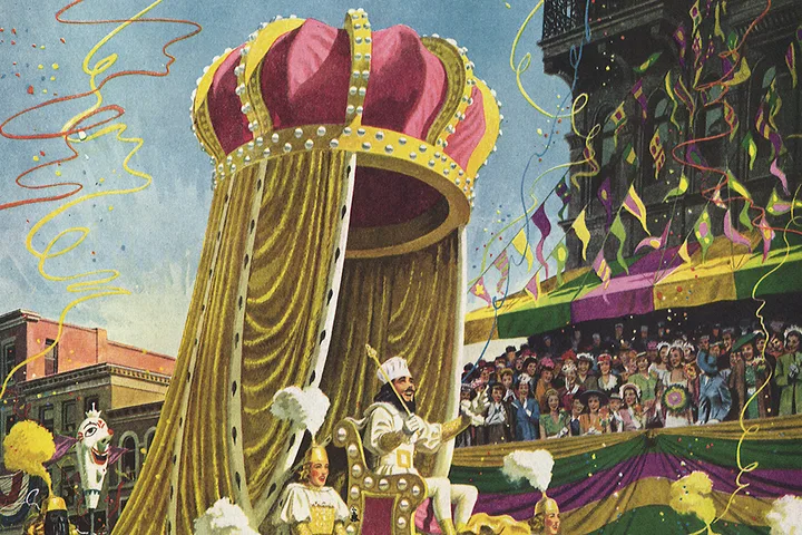 Vintage illustrated Mardi Gras parade float with a royal throne, costumed king, and colorful streamers over a crowd.
