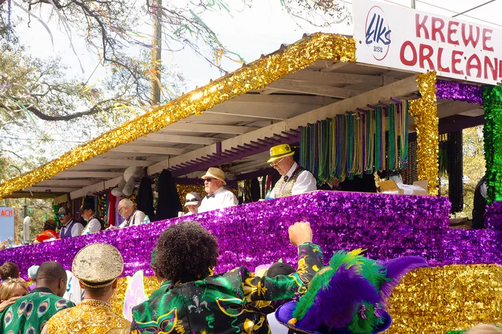 A Krewe of Orleans Mardi Gras parade float decorated in purple and gold with bead-draped riders above a festive crowd.